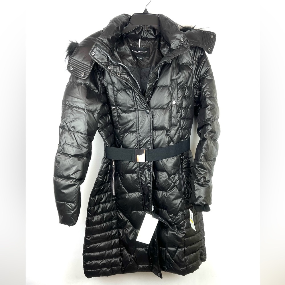 Andrew Marc Womens Plymouth Belted Down Coat, Black, Size Medium